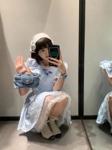 French Sweet Blue Plaid Puffy Sleeve Disney Princess Short Skirt Dress Womens Spring Summer Commute Style A-Line Dress