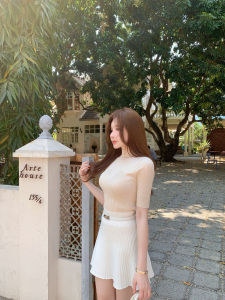 JUNSTUDIO Korean Style Womens Knitted Short Sleeve T-Shirt Half High Collar Slim Fit Top Sweet Style Summer Fashion