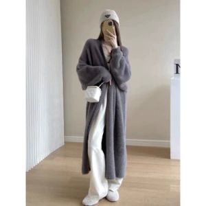 Soft Thickened Knitted Sweater Coat Womens Autumn Winter Pure Desire Outerwear Medium Length Fake Otter Fur V-neck Open Cardigan Lazy Top