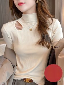 MiiOW | Áo len dệt kim cổ cao màu trắng cho nữ mùa thu đông thiết kế khoét lỗ ôm vừa vặn Áo thun thời trang ngoài trời thường ngày