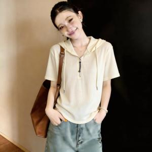 Slimming Korean Chic Half-Zip V-Neck Hooded Short-Sleeve T-Shirt