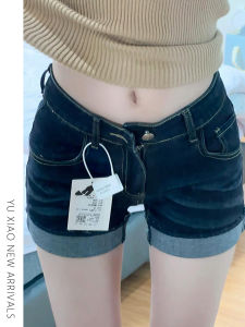 กางเกงขาสั้นยีนส์ยืดหยุ่นสไตล์อเมริกันสำหรับผู้หญิงในช่วงฤดูร้อน กางเกงขาสั้นทรงเอเข้ารูปเอวสูงทรงหลวมสำหรับผู้หญิงไซส์ใหญ่