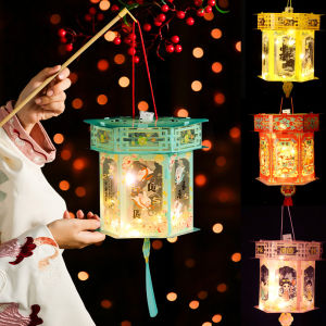 Mid Autumn Festival Handmade DIY Hexagon Lantern Portable Glowing Rabbit Fairy LED Night Light Home Party Decoration Props