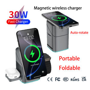 2025 Newest Universal Magnetic Charging Stand Cube Rotational 3 in 1 Touch Auto Rotation Wireless Charger With Light