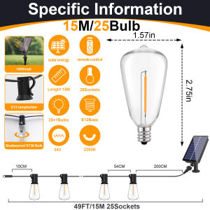 Solar Globe LED String Lights G40 Patio Light USB Recharger 8 Light Modes Remote Control Garden Solar Weatherproof Hanging Light
