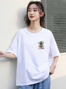 Áo Thun Cotton Tay Ngắn Màu Trắng Thiết Kế Thời Trang Mùa Hè Cho Nữ Cổ Tròn Dáng Rộng in Chữ Phong Cách Hàn Quốc