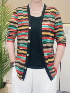 เสื้อแจ็คเก็ตผู้หญิงทรงหลวมสไตล์ใหม่ปี 2025 ลายริบบิ้นสีรุ้ง เสื้อคาร์ดิแกนแฟชั่นสำหรับคุณแม่ ทรงหลวม สไตล์ลำลอง แขนยาว ปกติ