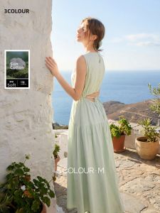 3COLOUR·S | Solid Color Round Neck Sleeveless Waist-Fitted A-Line Dress