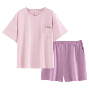 yuenei | ชุดนอนผ้าฝ้ายบางฤดูร้อนสำหรับคู่รัก แขนสั้น กางเกงขาสั้น ชุดนอนลำลอง ผ้าฝ้ายแท้ ลายทาง สีพื้น คอกลม 2 ชิ้น