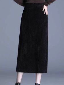 Thickened Mink-like Wool A- line Skirt Womens Fall and Winter New Arrival Slim Looking Mid Length Long Length Elastic Waist Not Slit Sheath Skirt