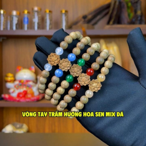 Vòng tay trầm hương hoa sen phong thủy Sơn Mộc Hương 8li mix đá hợp mệnh kim mộc thủy hỏa thổ cho nữ