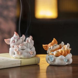 Fox Decorative Incense Holder Figurine Cone Coil Incense Burner with Lid Ash Catcher for Yoga Meditation Spa Home Office Decor