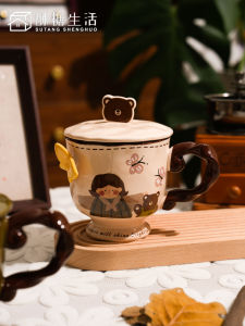 Retro Butterfly Girl Ceramic Mugs with Lid Office Drinking Cup Couple Home Use Water Cup Gift Handmade Single Ear Handle