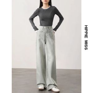 HIPPIE MISS | Light Grey Straight Wide Leg Denim Trousers