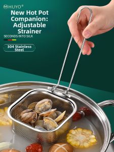 HUYO | 304 Stainless Steel Slotted Spoon with Hook and Folding Handle Insulated Anti-scalding