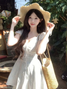HUAYILING | French White Lace Bubble Sleeve Summer Dress