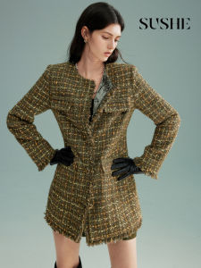 SUSHE | Glitter Gold Yarn Tweed Tailored Waist Medium Long Jacket