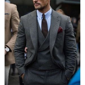 Dark Gray 3-Piece Mens Business Suit Set Classic Herringbone Pattern Wool Groom Tweed Tuxedo for Wedding Daily Male Outfits