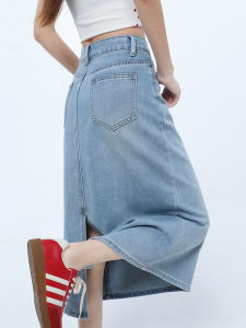 Light Blue Vintage Slit Denim Mini Skirt Womens Spring Autumn High Waist A-Line Slimming Midi Length Wrap around Skirts