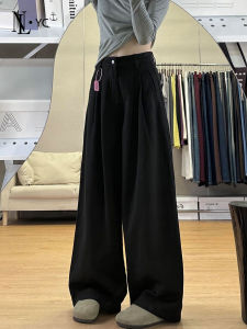 Black High Waist Pleated Wide Leg Denim Jeans Womens Loose Drapey Casual Straight Leg Pants Autumn New Texture Sensation