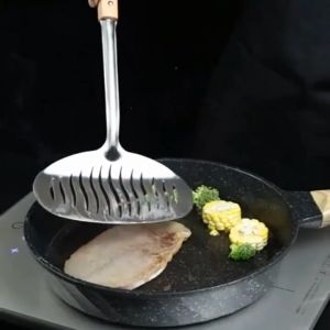 [KATEIYOU] Xẻng Inox 304 Lật Bít Tết Lật Cá Nguyên Con Tay Cầm Giả Gỗ Chất Liệu Chống Nóng