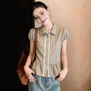 Plus Size Lace Trim Polo Collar Plaid Short Sleeve Shirt