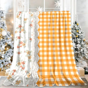 Orange Gingham Lace Floral Border Flannel Blanket Soft Fuzzy Plush Cozy Warm Throw for Sofa Bed Couch Home Decor