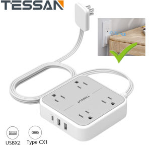 TESSAN 1.5m Extension Cord with Socket Wall Mount Power Strip Surge Protector with 2 Type C & 1 USB Ports & 4AC Outlets 45° Right Angle Ultra Thin Flat Plug Power Strip