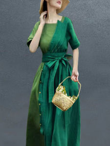 Summer New Original Design Ethnic Style Cotton Linen Dress Travel Short Sleeve Long Skirt Splicing Artistic Retro A-Line Dress