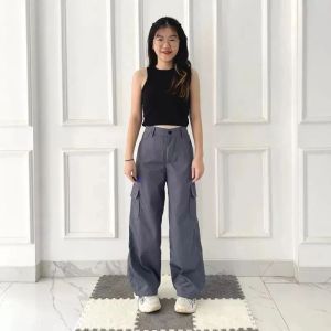 Celana Cargo Pants Wanita / Highwaist Loose Cargo