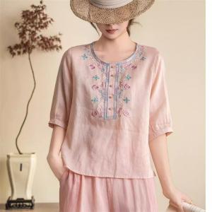 Lieoyuarn | Retro Embroidered Cotton Linen Blouse