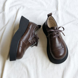Fall 2025 Womens Thick Bottom Lace-Up British Style Leather Shoes Vintage Versatile Heightening Large Head Loafers Single Shoes
