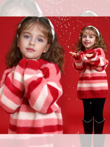 Girls Red Striped Thickened Knitted Sweater Soft Mink Simulation Loose Winter Autumn Christmas Outfit Childrens Clothing
