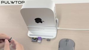 PULWTOP Vertical Mac Mini M4 Dock with 4TB SSD Enclosure USB A/C 10Gbps USB A 2.0 SD/TF Audio for Mini M6 M5 Pro M4/M4 Pro