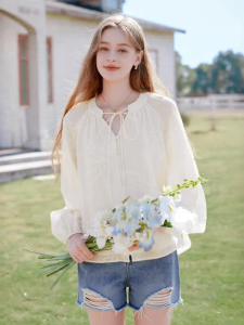 XIANGYING | V-Neck Puff Sleeve Embroidered Texture Loose Shirt