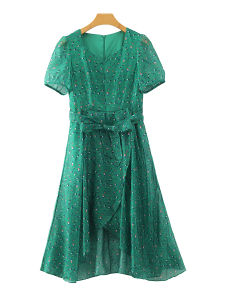 ชุดเดรสผ้าชีฟองคอวีเอวสูงสไตล์ไฮเอนด์ ชุดทำงานฤดูร้อน ชุดเดรสผู้หญิง ชุดเดรสผ้าซาติน ชุดเดรสผ้าชีฟองลายดอกไม้