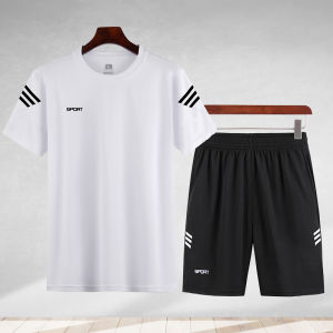 Mens Competitive Power Sports Suit Summer Casual Two-Piece Set Fitness Clothing Morning Running Short Sleeve T-Shirt Loose Round Neck Quick Dry Moisture Absorbent Breathable