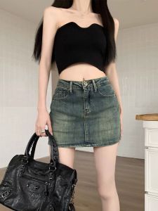 Váy Ngắn Denim Chữ a Cạp Cao Cho Nữ Mùa Hè 2024 Váy Ngắn Chống Ánh Sáng Mới Váy Ngắn Chữ a Ôm Sát Cơ Thể Nửa Thân Quần