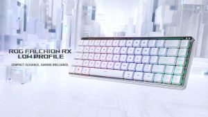 ASUS ROG Falchion RX Low Profile 65% Compact Wireless Gaming Keyboard - Red & Blue low-profile optical switch Tri-Mode connection with ROG SpeedNova Wireless technology & Omni Receiver integrated silicone dampening foam