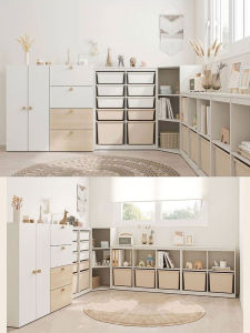 Scandinavian Cream Style Childrens Room Furniture Set Corner Storage Cabinet Picture Book Rack Teaching Aid Cabinet Wardrobe Chest of Drawers Bed Environmental-Friendly