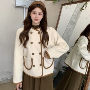 Atasan Kardigan Rajutan Wanita Lengan Panjang Mantel Wol dengan Kantong Ganda