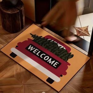 VIKAMA Red Truck Christmas Entry Mat Welcome Letter Printed Non Skid Floor Mat for Indoor Outdoor Home Decoration