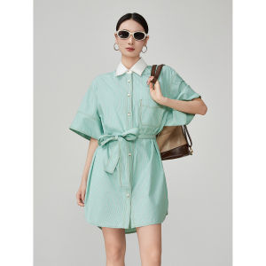 Lake Blue Striped Short Sleeve Shirt Dress Womens 2025 Summer New High-End Loose Korean Style Belted Skirt Commute Simple Style