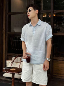 Áo Thun Polo Vải Lanh Nam Mùa Hè Tay Ngắn Màu Xanh Da Trời Phong Cách Anh Tay Lửng Cổ Polo Thoáng Khí Thoải Mái Cho Thanh Thiếu Niên