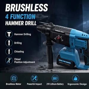 21V Brushless Hammer Drill 4 Function SDS Chuck 3500rpm 26mm 360° Rotating Handle for Concrete Wood For  Makita 18V Battery Pin
