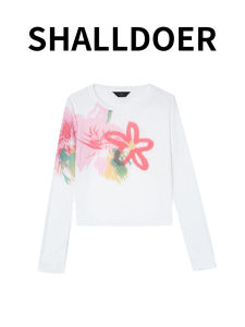 Shalldoer | Womens Long Sleeve T-Shirt Floral Graffiti Print Lightweight Breathable Summer Sun Protection Loose Fit Casual Style Round Neck