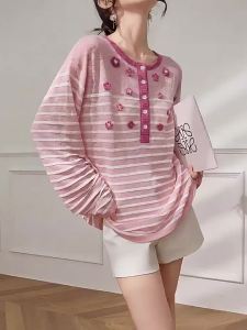 PlumJan | Áo Blouse Tay Dài Hoa 3D Sọc
