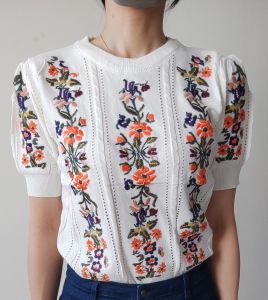 C828 RORRA EMBROIDEREDKNITTEF TOP  BAJU RAJUT BUNGA IMPORT Lengan PENDEK