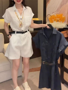 Shalldoer | Fashionable High-Waist One-Piece Pants For Women With Belt Short Sleeve Turn-down Collar Design Summer Anti-aging Style Set