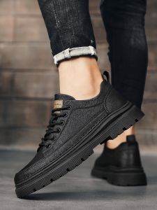 รองเท้าบู๊ตมาร์ตินหนังแท้สำหรับผู้ชาย ทรงลำลอง ฤดูหนาว สไตล์อังกฤษ รองเท้าทำงาน ทรงหุ้มข้อต่ำ สีดำ รองเท้าบู๊ตมาร์ตินแบบสวมสบาย